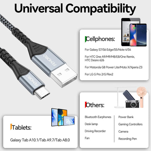 FEMORO 6ft Micro USB Cable, USB Type A to Micro USB 2.0 Charger Cables for Data Transfer & Charging, Braided Compatible
