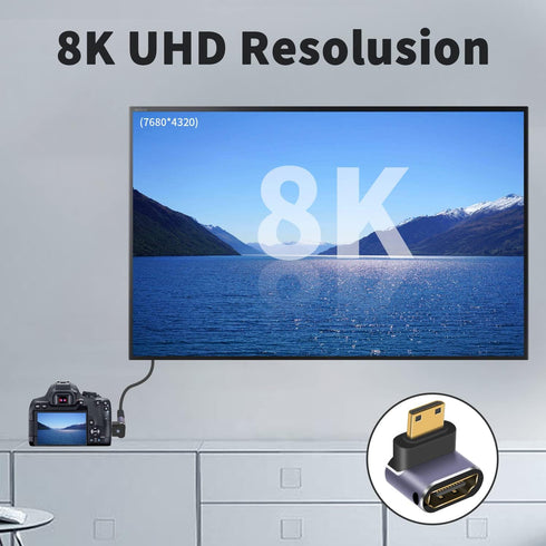 Poyiccot Mini HDMI to HDMI Adapter 8K, Up and Down Angled Mini HDMI Male to HDMI Female Adapter 8K 4K HDR 3D 48Gbps,