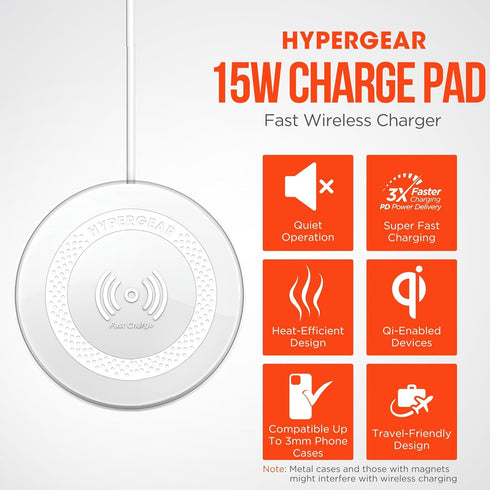 HyperGear ChargePad Pro Wireless Charging Pad - 15W Fast Charger with LED Power Indicator & Soft Grips, White,