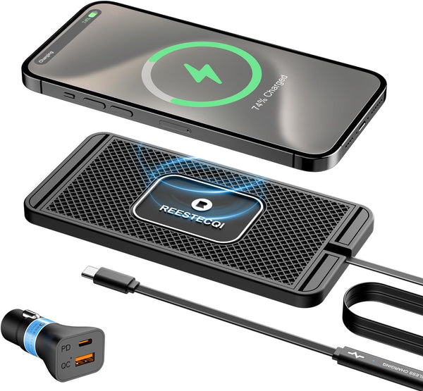 REESTECQI Wireless Charging Pad for Car, 15W Non-Slip Charger with PD 40W Car Charger for iPhone 15, Samsung S24