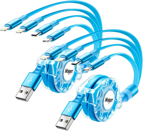 2Pack Multi Charging Cable, 4Ft Retractable 4 in 1 USB Charger for iPhone, Samsung, PS, Tablet & More. Fast Charging!