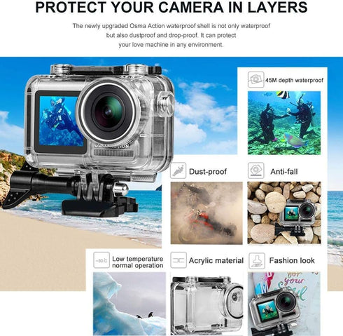 FitStill Waterproof Case for DJI Osmo Action Camera, Underwater Accessories Kit, 45M Diving Housing Protective Shell