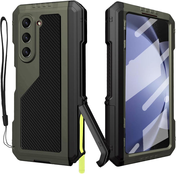 Rugged Heavy Duty Metal Case for Samsung Galaxy Z Fold 5 with Slim S Pen Holder, Full-Body Protection, Green