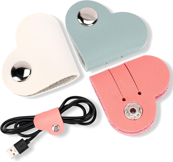 Heart Cord Organizer 3 Pack - PU Leather USB Cable & Earphones Storage Straps, Cute Charging Holder for Women & Girls.
