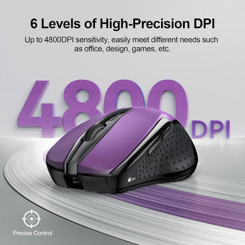 TECKNET Rechargeable Wireless Mouse, USB-A Silent Mouse, 6 Adjustable DPI, Ergonomic Cordless Mouse for Laptop, Purple