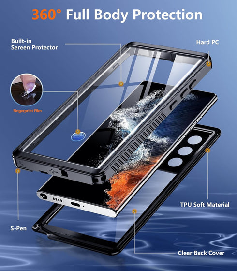 Temdan Waterproof Case for Samsung Galaxy S22 Ultra, Built-in Lens & Screen Protector, Full Body Shockproof, IP68