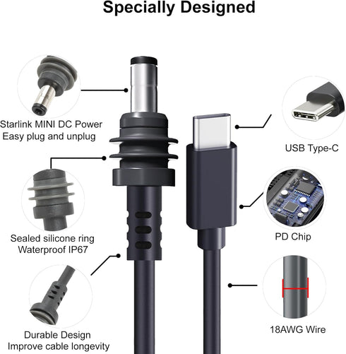 Starlink Mini USB C to DC Power Cable, Waterproof, Compatible with 65W+ PD 20V