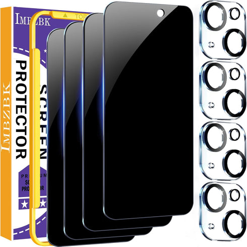 IMBZBK 4 Pack Privacy Screen Protector for iPhone 15, Tempered Glass with Camera Lens Protector, 9H Anti Spy,