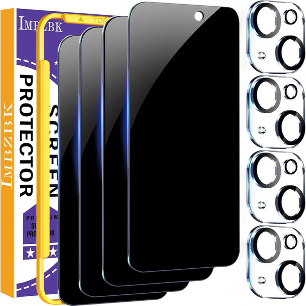 IMBZBK 4 Pack Privacy Screen Protector for iPhone 15, Tempered Glass with Camera Lens Protector, 9H Anti Spy,