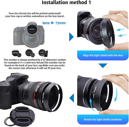 72mm Metal Lens Hood, Compatible with All Brands Lenses with 72mm Filter Thread + 72mm Lens Cap