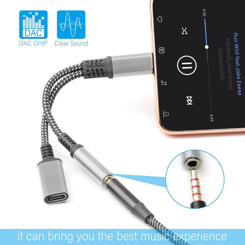 2-in-1 USB C to 3.5mm Headphone & Charger Adapter, Fast Charging Dongle for Google Pixel 4, Galaxy S22/S21/S20 (Silver)
