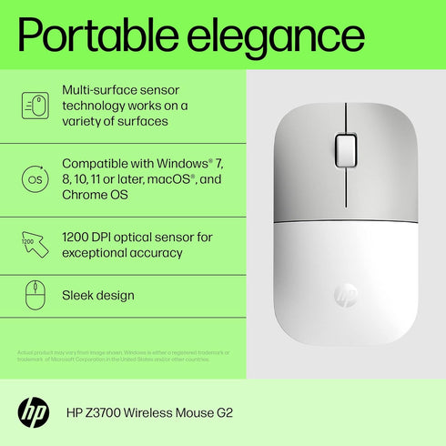 HP Z3700 G2 Wireless Mouse - White, Portable Design, 2.4GHz Receiver, Blue Optical Sensor for PC, Laptop, Mac