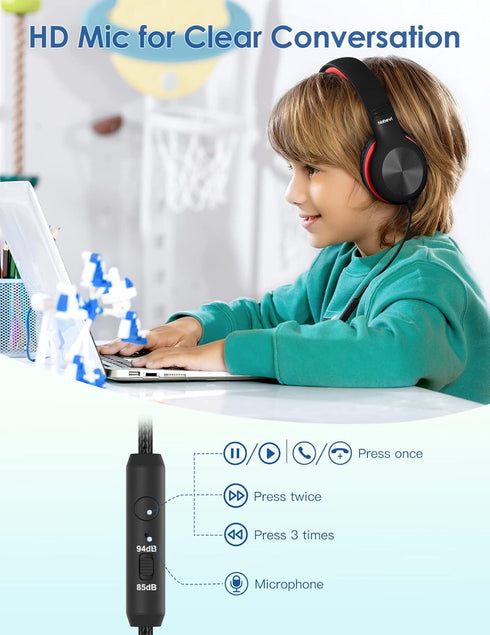 Headphones for Kids, Over Ear Kids Headphones with Microphone, 85dB/94dB Safe Volume Limit for School, Online Study,