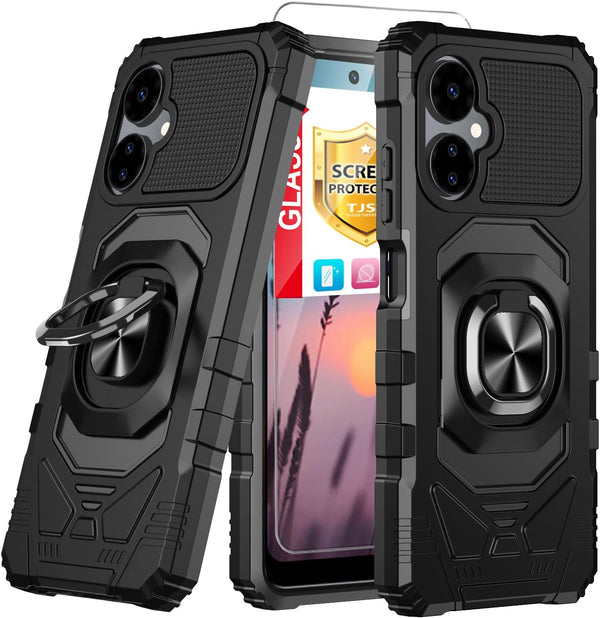TJS Heavy Duty Protection Case for Boost Mobile Celero 5G 2024, with Tempered Glass Screen Protector and Metal Ring