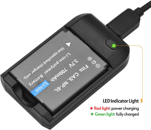 Andoer NP-6L Battery Charger with LED Indicator Light + 2 x NP-6L 3.7V 700mAh Batteries with USB Charging Cable