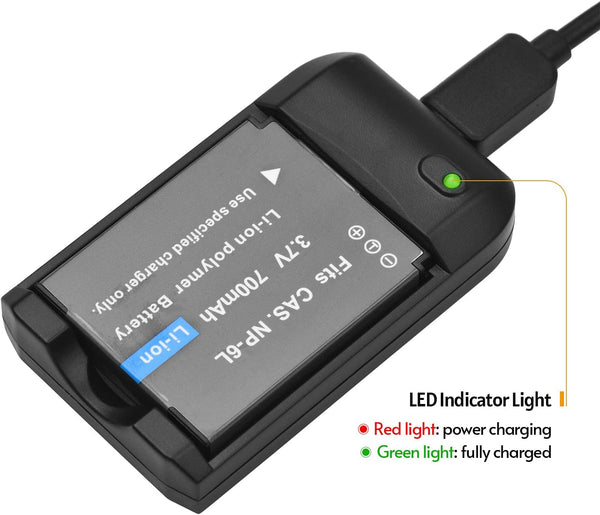 Andoer NP-6L Battery Charger with LED Indicator Light + 2 x NP-6L 3.7V 700mAh Batteries with USB Charging Cable