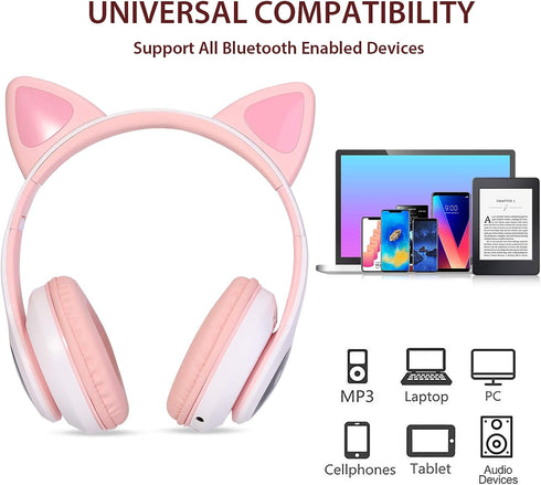 Kids Wireless Headphones, Cat Ear LED Light Up Bluetooth Foldable Headphones with Microphone for Online Learning