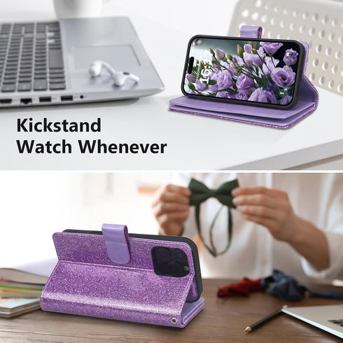 Varikke for iPhone 13 Pro Wallet Case with Card Holder, Fashion Glitter Leather Strap Magnetic Flip Cover (Light Purple)
