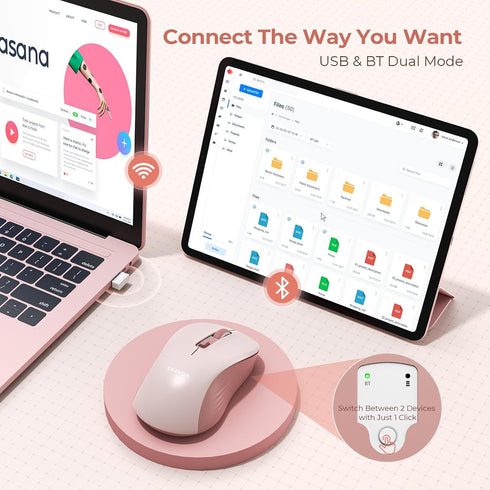 seenda Wireless Mouse, Bluetooth Mouse for Laptop, Dual Mode (Bluetooth + 2.4G USB), Compatible with MacBook, Pink