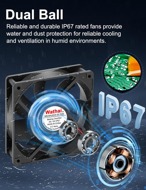 Wathai 120mm x 25mm Waterproof Small Box Fan IP67 12V with AC Plug Speed Controller for Biltong Box, Aquarium