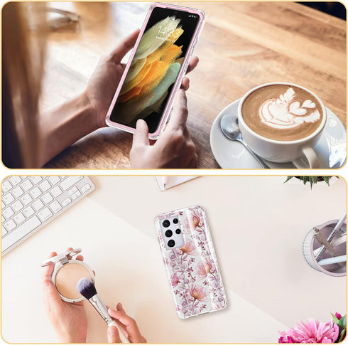 Esdot Light Pink Flowers Case for Samsung Galaxy S21 Ultra, Military Grade Rugged Cover for Women Girls
