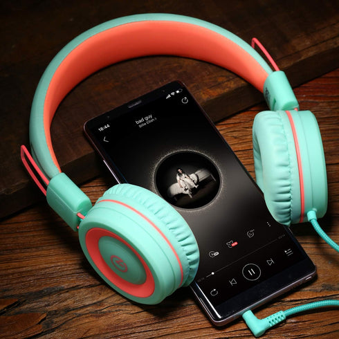 noot products Kids Headphones K11 Wired On-Ear Headset, Foldable Stereo, 5ft Long Cord, 3.5mm Jack, Mint/Coral for