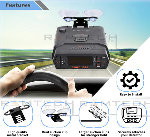 Ramtech Car Windshield Mount with Suction Cup Holder for Radar Laser Detector, Compatible with Beltronics Models
