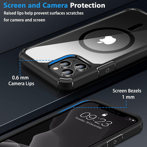 Amizee iPhone 11 Pro Magnetic Case with Screen & Camera Protectors, Clear Back, Shockproof, MagSafe Compatible (Black)