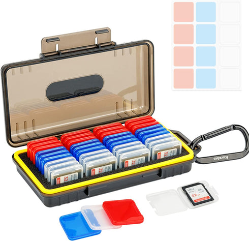 Kiorafoto SD Card Case with 36 Pack Clear Plastic Holders for SD SDXC SDHC Cards, Water-Resistant Organizer