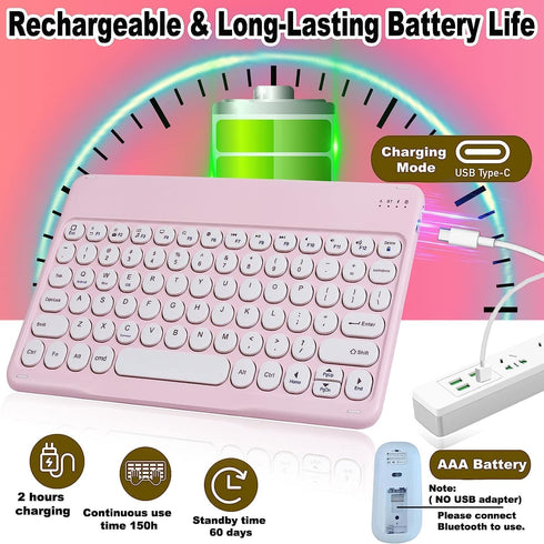 Wireless Bluetooth Keyboard and Mouse Combo, Pink Portable Small Slim Typewriter Compact Ergonomic Travel Wireless