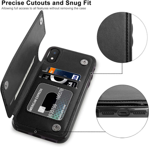 LETO iPhone XR Case, Black Leather Wallet Flip Folio Cover with Kickstand Card Slots for Girls Women