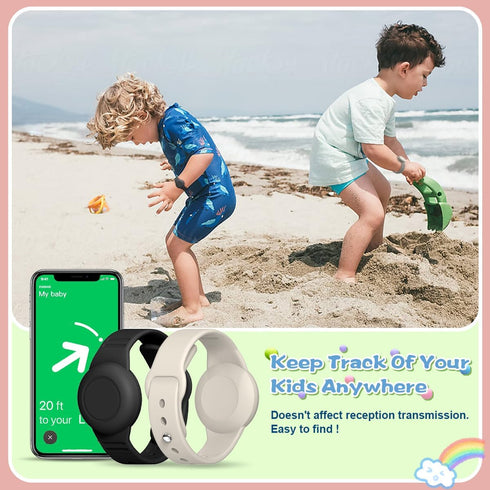 Waterproof AirTag Case, Soft Silicone Bracelet & Necklace for Kids, Black + Beige, White