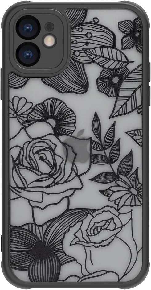 Dumkery Cute Flower Case Compatible with iPhone 11 Case, Rose Aesthetic Black Line