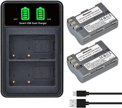 Hisewen EN-EL3e Battery 2-Pack, 2600mAh and LED Charger for Nikon D50, D70, D70s, D80, D90, D100, D200, D300, D300S,
