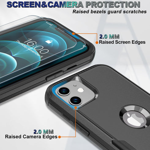 iPhone 12/iPhone 12 Pro Case (6.1in) - Black, 10FT Military Dropproof, Non-Slip Shockproof + 2 Tempered Glass