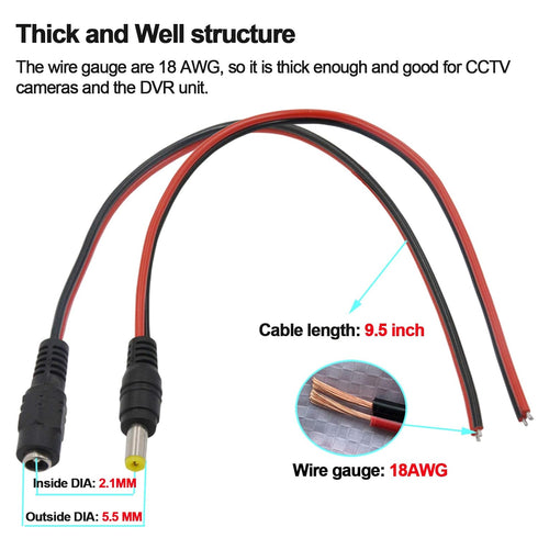 MILAPEAK 18AWG 43x2pcs Copper Strands 20 Pairs DC Power Pigtail Cable, 12V 5A Male & Female Barrel Connectors