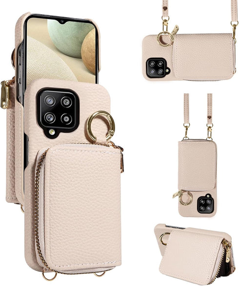 Furiet Wallet Case for Samsung Galaxy A12/M12, Shoulder Strap Ring Buckle, Luxury PU Leather Zipper Flip Organ Purse