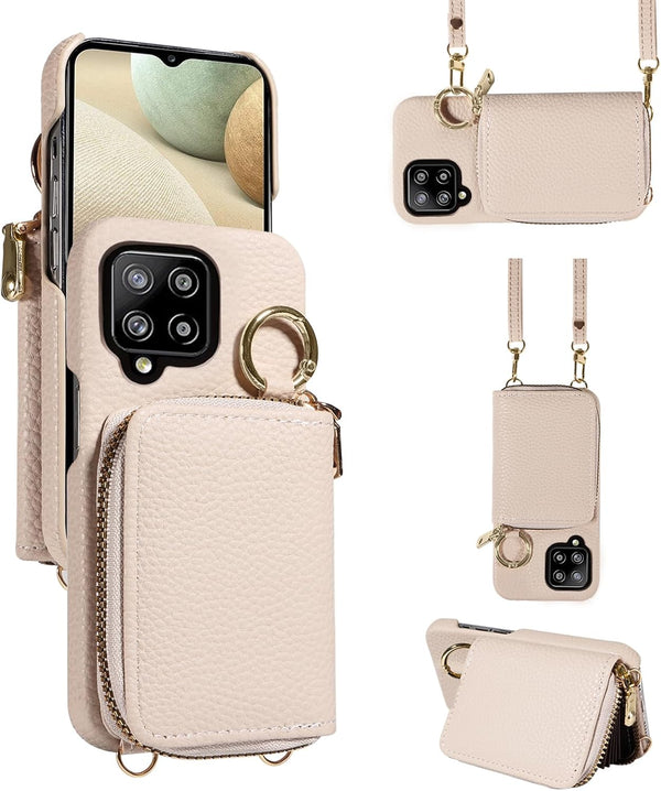 Furiet Wallet Case for Samsung Galaxy A12/M12, Shoulder Strap Ring Buckle, Luxury PU Leather Zipper Flip Organ Purse