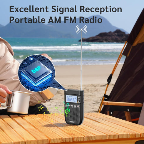Newest PRUNUS Portable Radio AM FM to Bluetooth Earphone, Bluetooth Speaker, 2000mAh Rechargeable Radio, Preset, TF