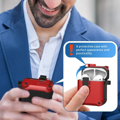 Airpods 1st and 2nd Generation Protective Cases, Full Body Shockproof Hard Case with Keychain (Red)