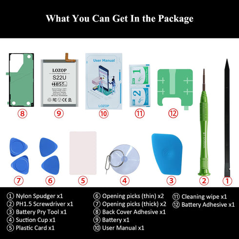 Battery Replacement Kits for Samsung Galaxy S22 Ultra 5G, Repair Tools Kit and User Manual