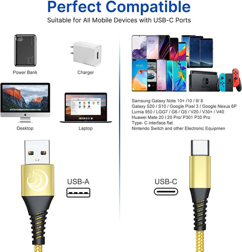 USB C Cable 3A Fast Charging 6FT 3Pack Nylon Type C Phone Charger Cord for Samsung Galaxy S24 S23 S22 S21 S20 S10 A11 A12 A13 A14 A15 A20 A21 A32 A42 A54, Tablet, LG, Moto, TCL, PS5 by Aioneus