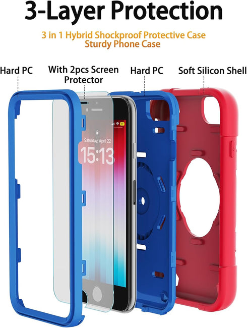KCJ Heavy Duty Phone Case for iPhone SE 2022/2020, 8/7/6/6S - Full Body Protection, Soft Silicone + Hard PC, 4.7"