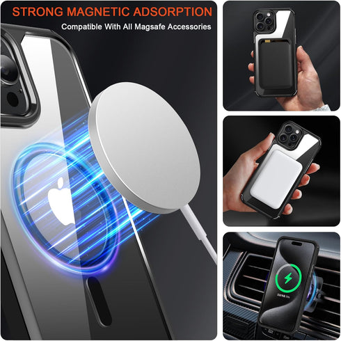 TENDLIN iPhone 15 Pro Magnetic Case - Crystal Clear Hard Back, Soft Bumper, MagSafe Compatible (Black)