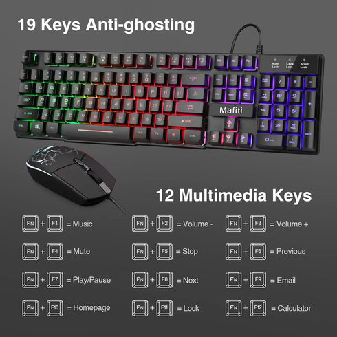 mafiti RK101 Wired Computer Keyboard Mouse Combo, RGB Backlit USB Keyboard for PC, Mac, Laptop, Desktop, Gaming Office