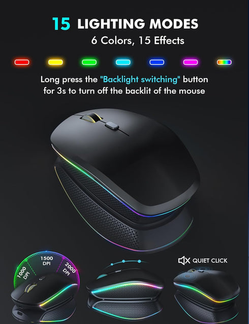 Wireless Keyboard and Mouse Combo, Large Print, RGB Backlit, Oversize Light Up Letters, Rechargeable, Ergonomic Tilt