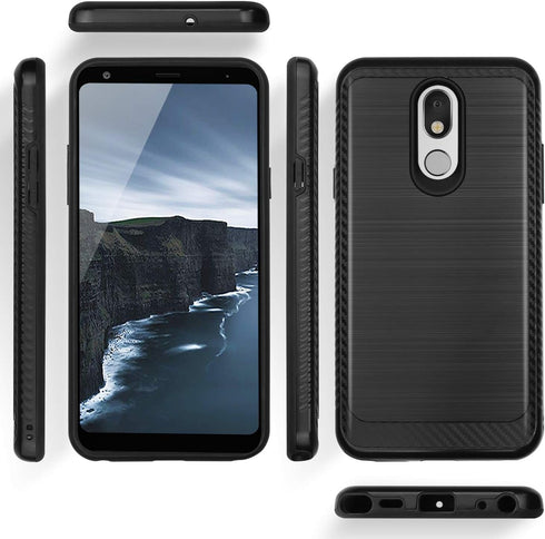 TJS Phone Case Compatible with LG Stylo 5, Hybrid Shockproof Metallic Brush Finish Hard Inner Layer (Black)