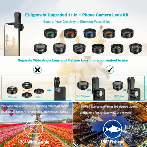 11 in 1 Cell Phone Lens Kit, Phone Camera Lens with Wide Angle, Fisheye, Macro, Telephoto & More