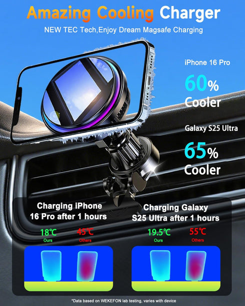 WEKEFON 2026 15W 17/16/15/14/13/12, Upgraded TEC & Fan Cooling Magnetic Wireless Car Charger, For Magsafe Car Mount