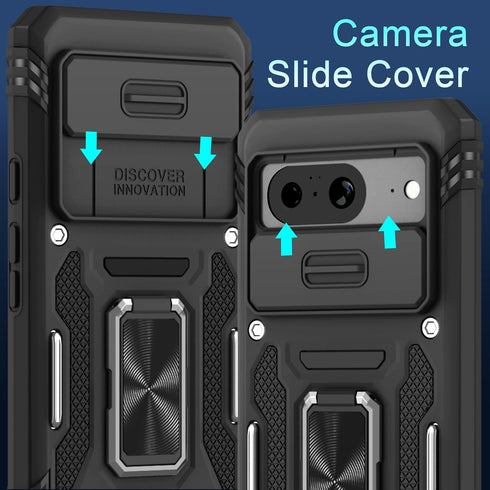 DEERLAMN for Google Pixel 8 Case with Slide Camera Cover+Screen Protector (1 Pack), Rotated Ring Kickstand Military Grade Shockproof Heavy Duty Protective Cover -Black